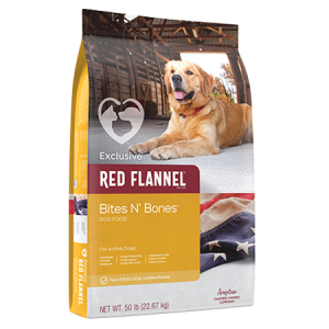 Red Flannel Bites N' Bones Dry Dog food in 50 lb yellow bag.