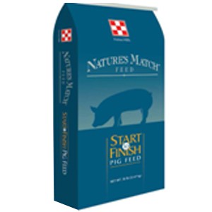 Natures Match Grower Finisher for Swine. In a blue feed bag.