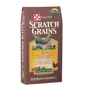 Purina Scratch SunFresh Grains in brown feed bag.