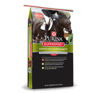 Purina SuperSport Amino Acid Horse Supplement in black feed bag.