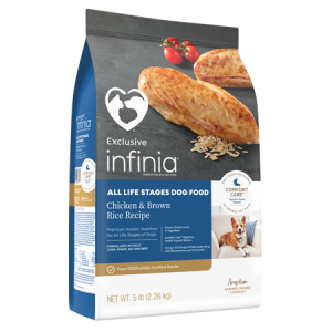 Infinia All Life Stages Chicken and Brown Rice Dog Food in a blue bag.