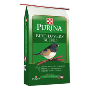 Purina Bird Luvers Blend Wild Bird Food. Green bag with small bird.