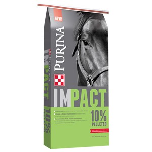 Impact 10 Pelleted Horse Feed in a green bag.