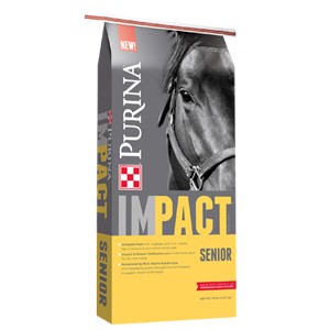 Purina Impact Senior Horse Pelleted in a yellow feed bag.