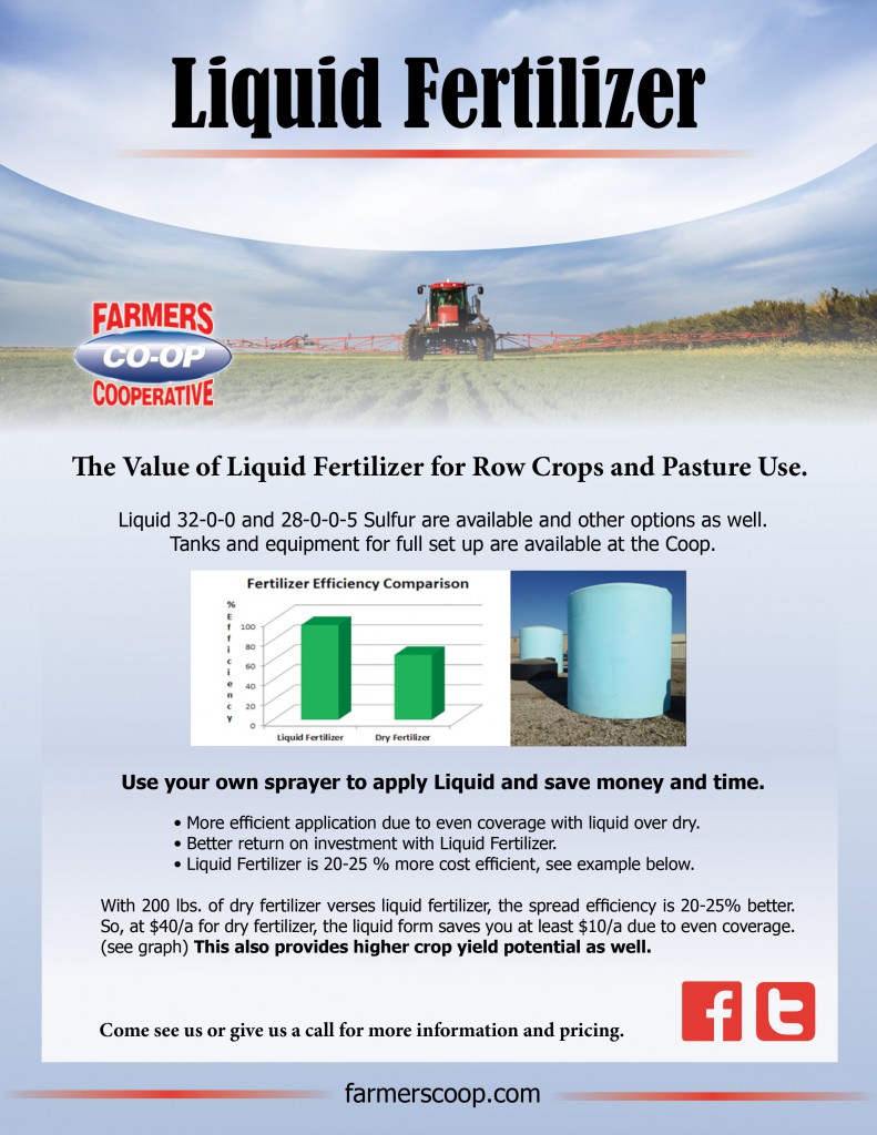 Liquid Fertilizer is now available at Farmers Coop. Stop in today!