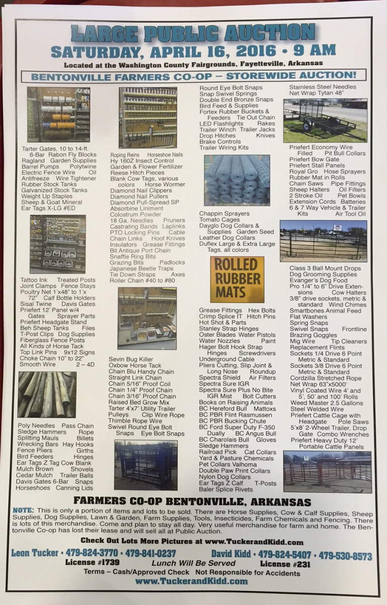 Public Auction on Saturday, April 16, 2016 at Farmers Coop
