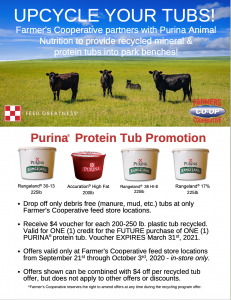 Upcycle your cattle tubs and get $4 off a future Purina Protein Tub purchase at Farmers Cooperative feed store locations. 