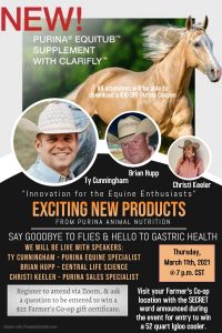 RSVP today for Farmer's Co-op Innovation for the Equine Enthusiasts virtual Equine Meeting, on Thursday, March 11, 2021, at 7:00 p.m. CST.
