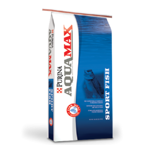 Purina AquaMax Sport Fish MVP. Blue and white feed bag.