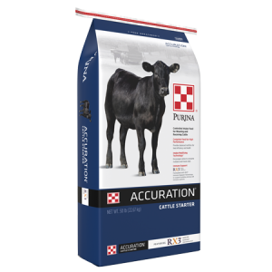 Purina Accuration Cattle Starter Blue Feed Bag with black calf.