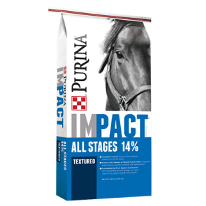 Purina Impact All Stages 14% Textured Horse Blue Feed Bag.