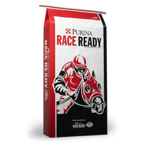 Purina Race Ready Horse Feed. Red and white equine feed bag. Intended for performance horses.