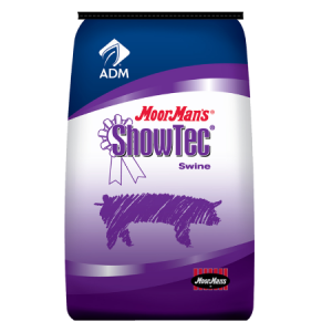 MoorMan’s ShowTec ShowGuard Dewormer. Blue and purple feed bag. For show swine.