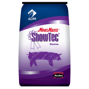 MoorMan’s ShowTec BB 18 BMD Medicated. Blue and teal feed bag with swine.