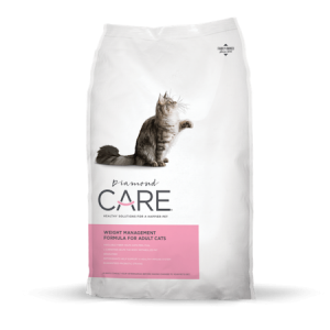 Diamone Care Adult Cat Weight Management food. White dry cat food bag with grey cat.