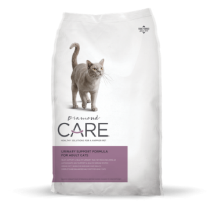 Diamond Care Urinary Support Cat Formula. White dry cat food bag with grey cat.