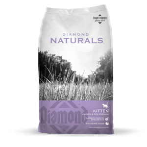 Diamond Natural Kitten Formula Dry Cat Food. Purple and grey cat food bag.