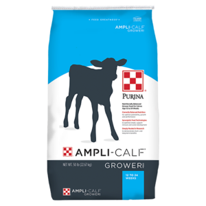 Purina Ampli-Calf Grower. 50-lb blue, white and green feed bag.