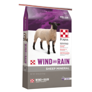 Wind and Rain Sheep Mineral. Purple and white 50-lb feed bag. Supplement for sheep.