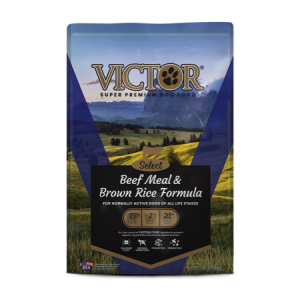 Victor Select Grain Free Beef Meal and Brown Rice Dry Dog Food. Blue dog food bag.