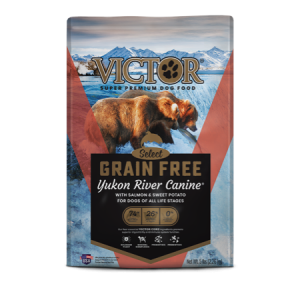 Victor Yukon River Salmon & Sweet Potato Grain Free Dry Dog Food. Blue and brown dog food bag. Features a bear.
