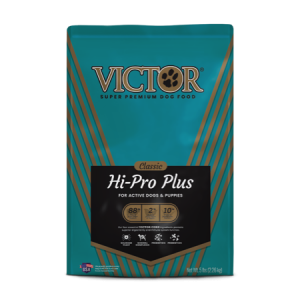 Victor Hi Pro Plus Classic Active Dog & Puppy Food. Teal dog food bag.