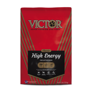 Victor Classic High Energy Formula Dry Dog Food. Red dog food bag.