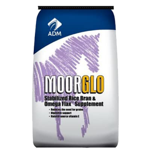 ADM MoorGlo Equine Supplement. Blue and white feed bag. Features horse drawing.