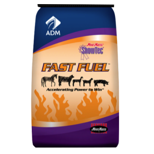 ADM MoorMans ShowTec Fast Fuel. Blue and orange feed bag. Feed for show livestock.