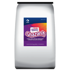 ADM MoorMan’s ShowTec Shazam. White feed bag with colorful label.