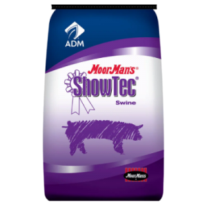 MoorMan’s ShowTec Time Out. Blue and purple feed bag. Food for show swine.