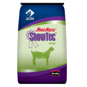 MoorMan’s ShowTec MoorGrands Goat Feed RU. Blue and green feed bag. Food for show goats.