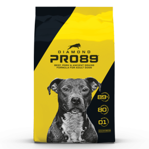 Diamond Pro 89 Dry Dog Food. Black and yellow dry dog food bag.