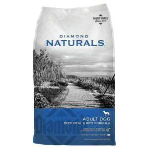 Diamond Naturals Beef & Rice Dry Dog Food. Blue and grey dry dog food bag.