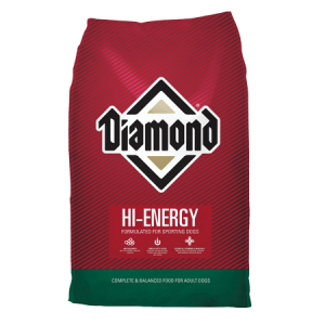 Diamond Hi Energy Sport Dry Dog Food. Red and green dry dog food bag.