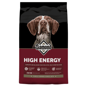 Diamond Hi Energy Sport Dry Dog Food. Red and green dry dog food bag.