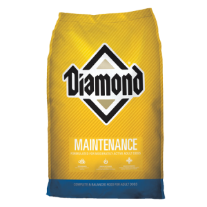 Diamond Maintenance Adult Dry Dog Food. Yellow and green dry dog food bag.