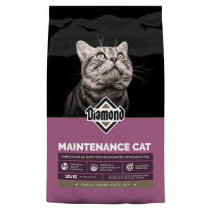 Diamond Maintenance Formula Adult Dry Cat Food. Pink dry cat food bag.