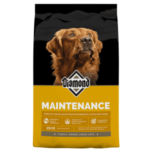 Diamond Maintenance Adult Dry Dog Food. Yellow and green dry dog food bag.