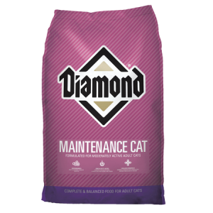 Diamond Maintenance Formula Adult Dry Cat Food. Pink dry cat food bag.