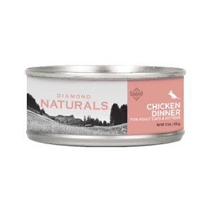 Diamond Naturals Chicken Dinner Adult & Kitten Canned Cat Food. Pink label.