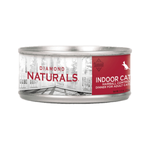 Diamond Naturals Indoor Cat Hairball Control Dinner. Canned cat food. Red label.