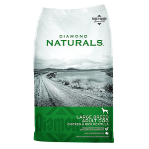 Diamond Naturals Large Breed Adult Chicken & Rice Dog Food. Green and grey dog food bag.