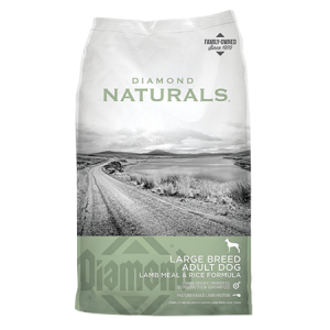 Diamond Naturals Large Breed Adult Lamb Meal & Rice Formula Dry Dog Food. Green and grey dog food bag.