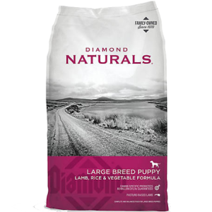 Diamond Naturals Large Breed Puppy Lamb & Rice. Hot pink and grey dry dog food bag.