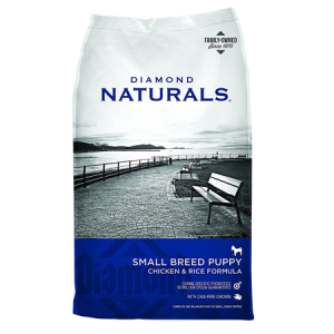 Diamond Naturals Small Breed Dry Dog Food. Blue and grey dry dog food bag.