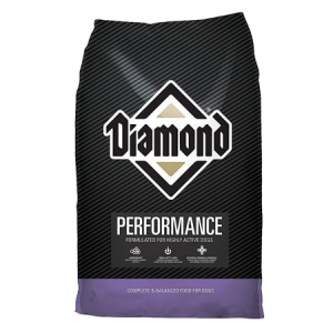 Diamond Performance Formula Adult Dry Dog Food. Black dog food bag with purple trim.