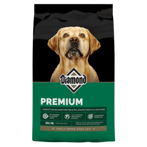Diamond Premium Adult. Green and gold dog food bag. Dry Dog Food