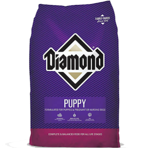 Diamond Puppy Formula Dry Dog Food. Purple 40-lb dry dog food bag.