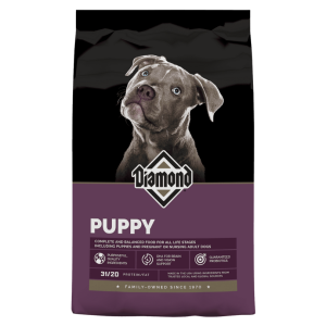 Diamond Puppy Formula Dry Dog Food. Purple 40-lb dry dog food bag.